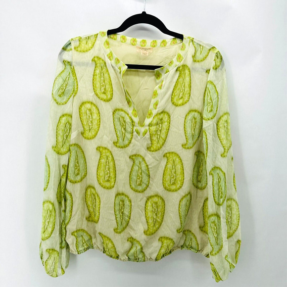 GIAMBATTISTA VALLI PARIS Blouse Silk Sheer Sz M It 44 V-Neck Green Paisley Art - Picture 1 of 11